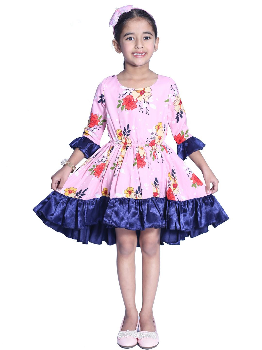 Shahina Fashion Girls Floral Printed Knee Length Three Quarter Sleeve Dress