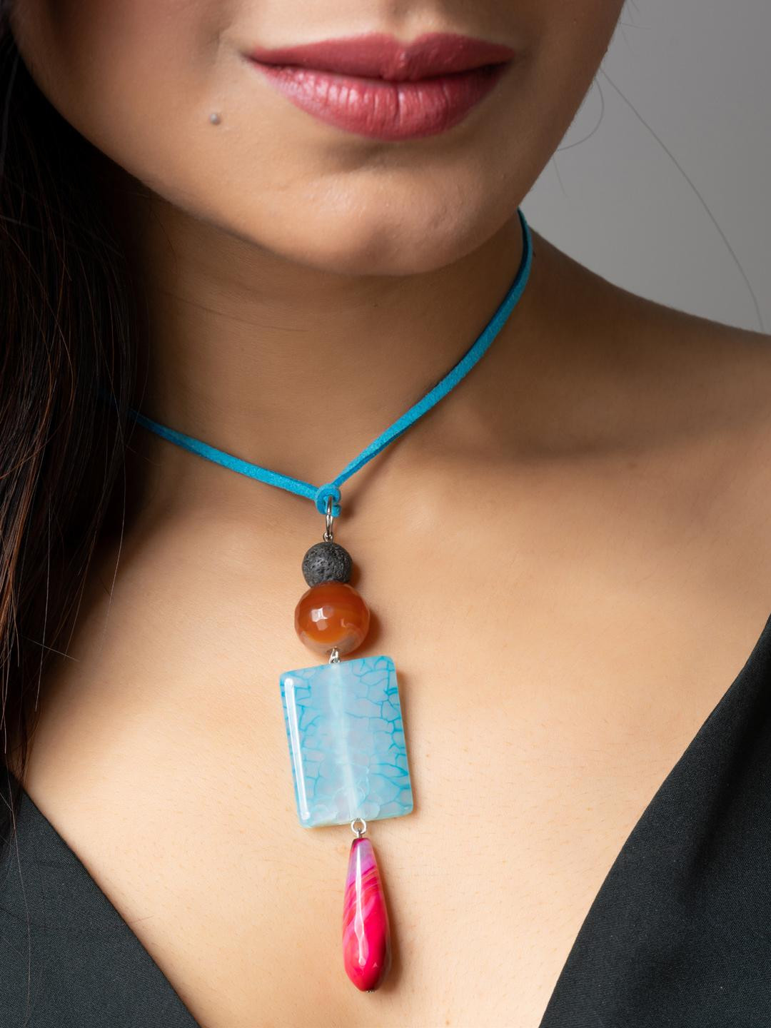 Look and Adorn Pink Blue Onyx Agate Lava Designer Sleek Necklace with Blue Suede Cord