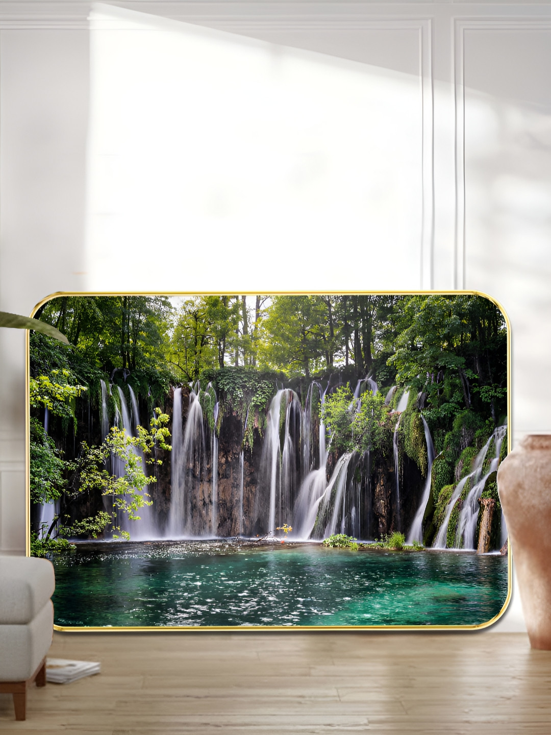 SAF White & Green Majestic Waterfall Wooden Wall Art