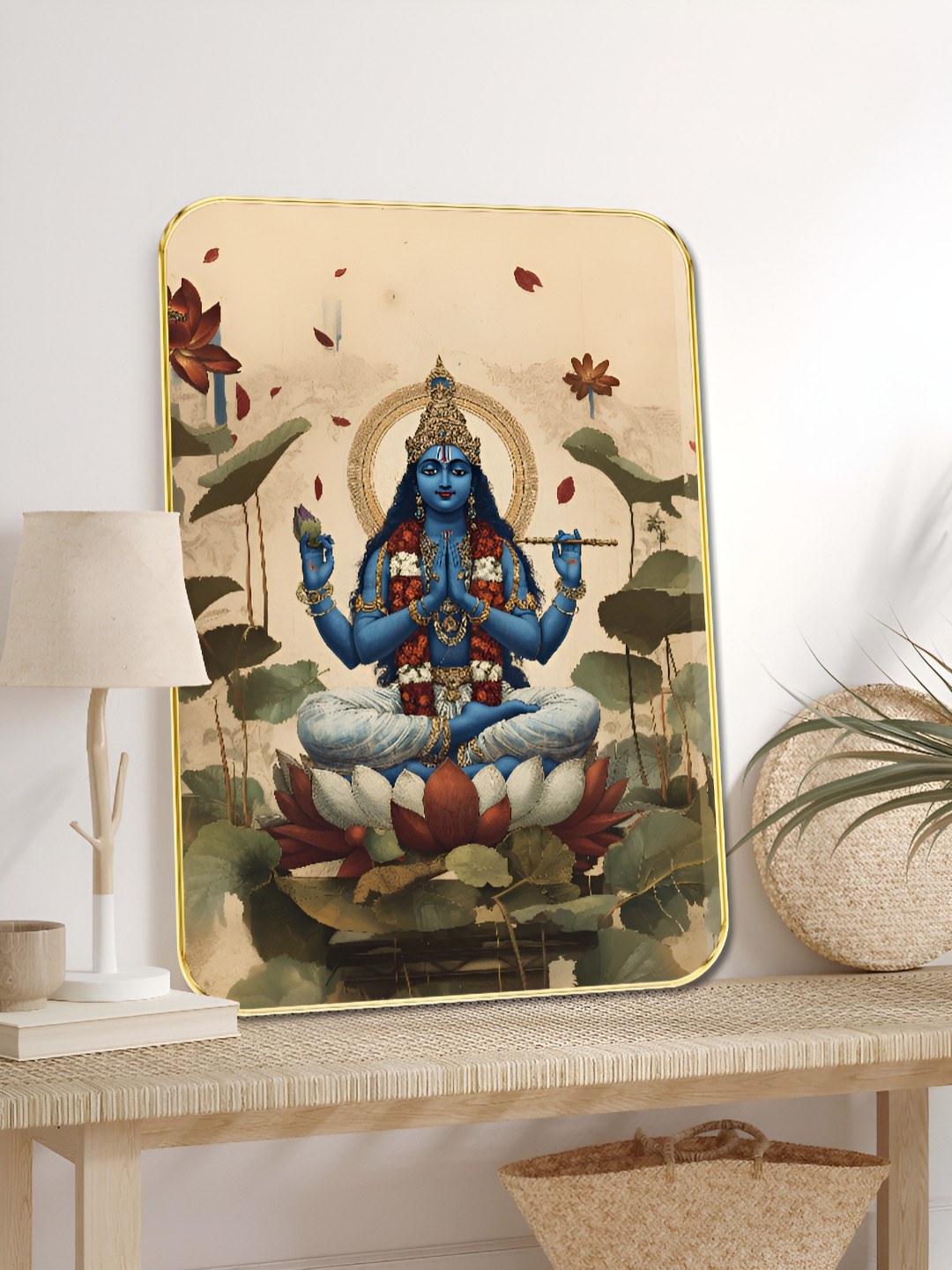 SAF Blue & Gold-Toned Wood Divine Lord Krishna Wall Art