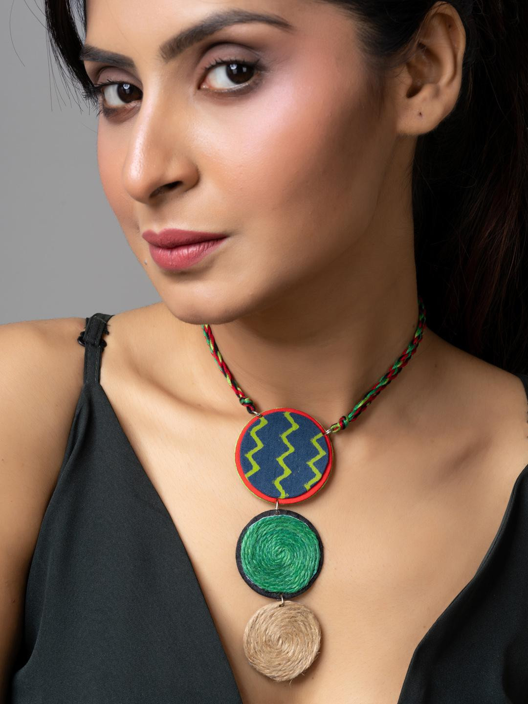Look and Adorn Green Blue Jute Fabric Necklace with Twisted Dori