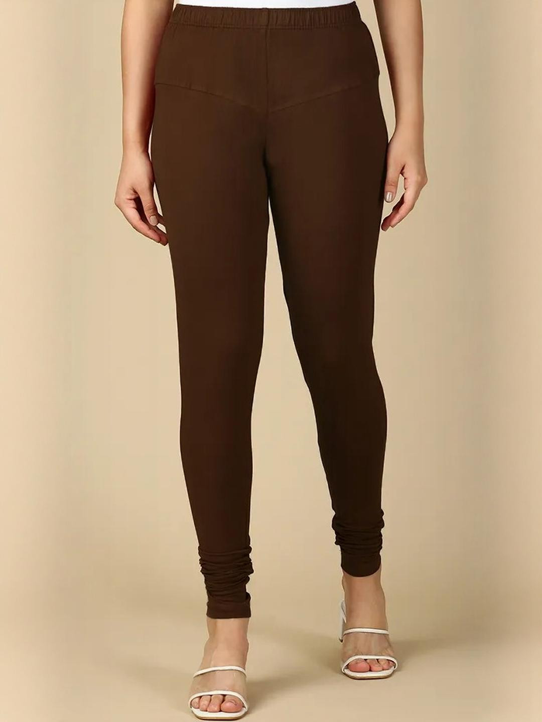 HAYA Women Coffee Brown Solid Mid-Rise Churidar Length Leggings