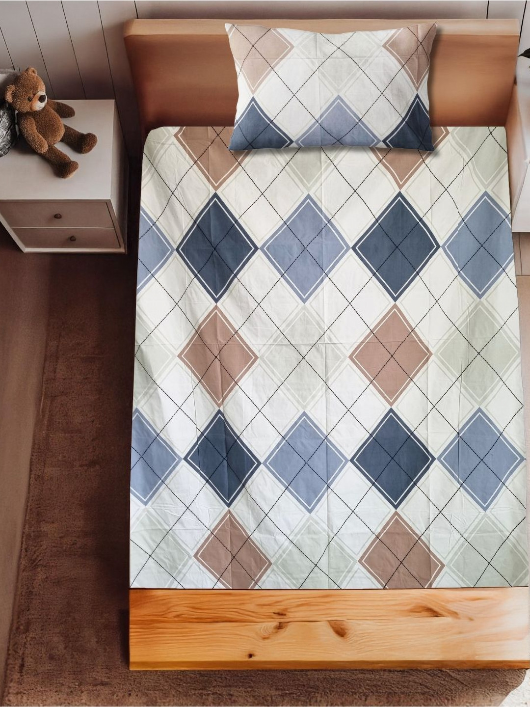 HARYANA HOOPS White & Blue Geometric 220 TC Single Bedsheet Set 1.64m x 2.31m