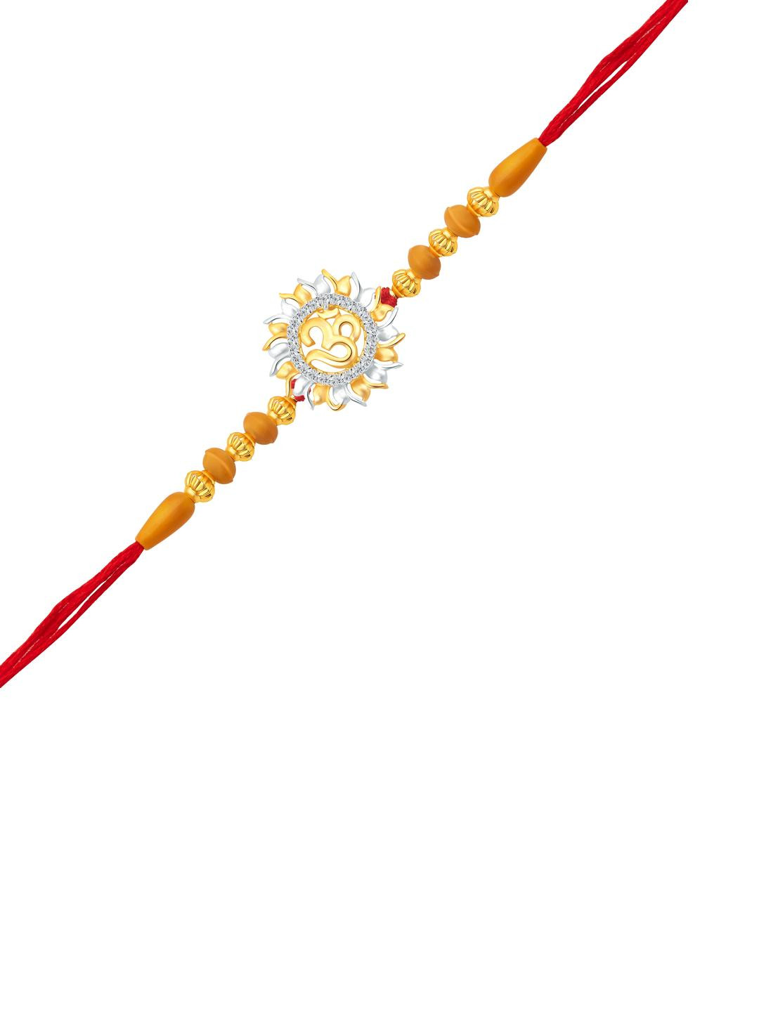 VIVASTRI Unisex Golden With Red Thread Artificial Stones And Beads Premium OM Rakhi