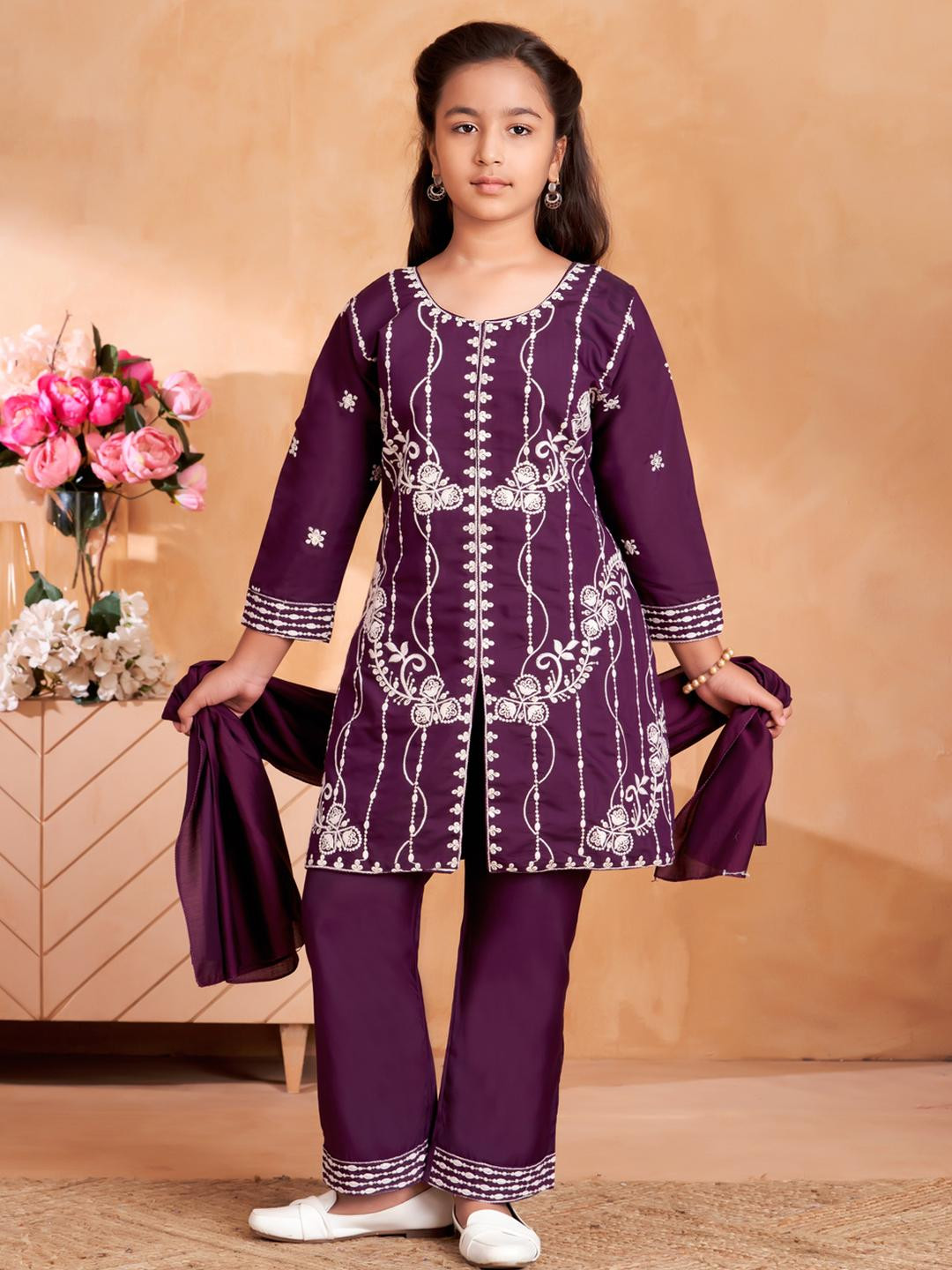 Sangria Girls Purple Pure Silk Kurta Sets