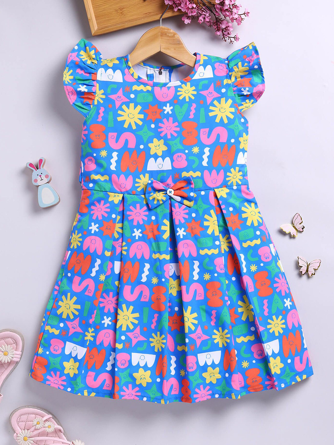 Toonyport Girls Printed Flutter Sleeve Fit & Flare Dress