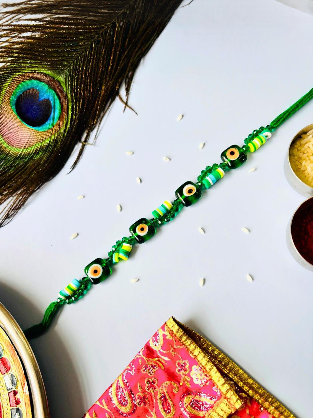 Green Evil Eye Rakhi Stone Studded & Beaded Thread Rakhi Traditional Handmade Rakhi for Brother