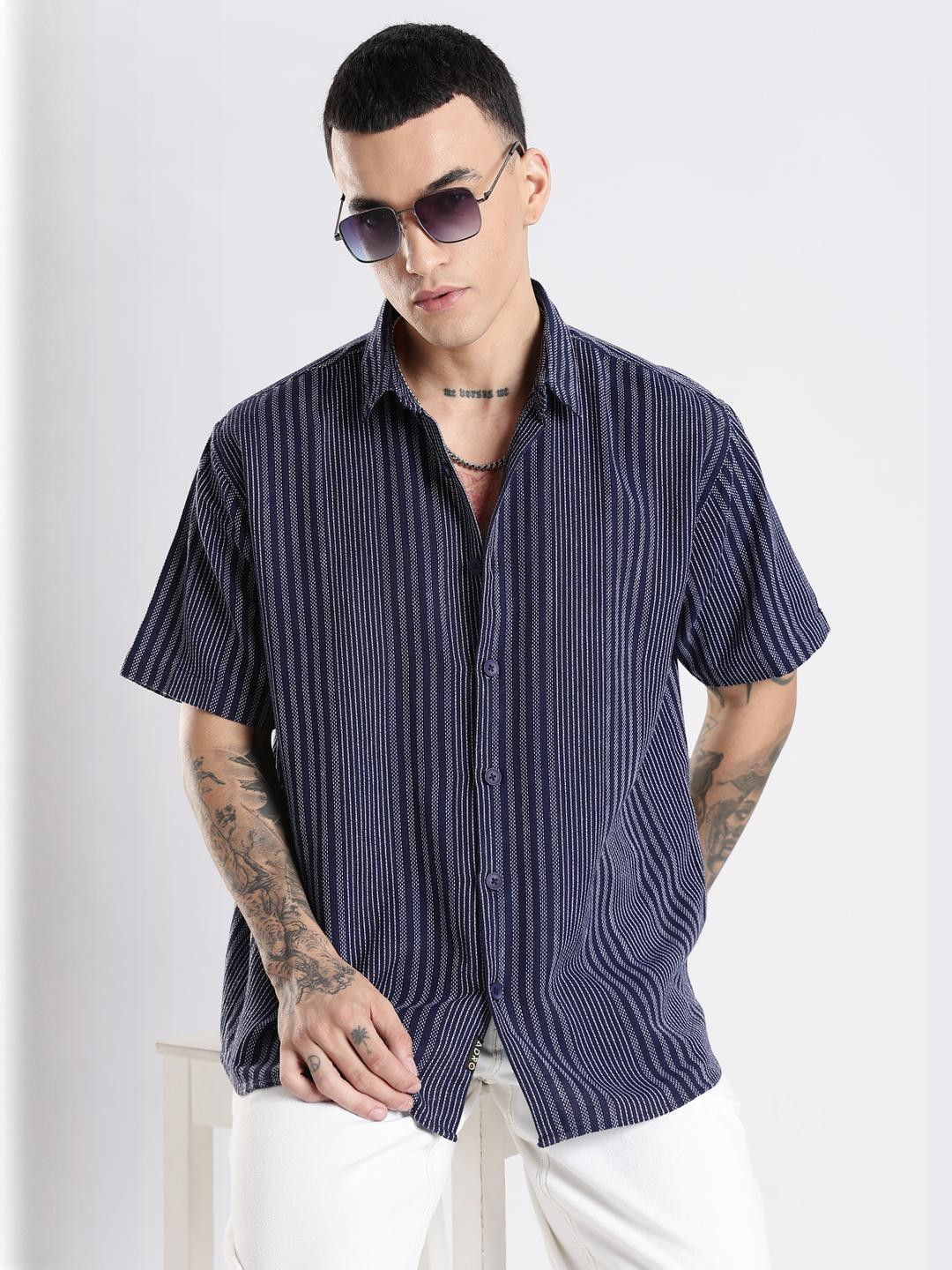 Adro Men Spread Collar Vertical Striped Self Design Cotton Oversized Casual Shirt