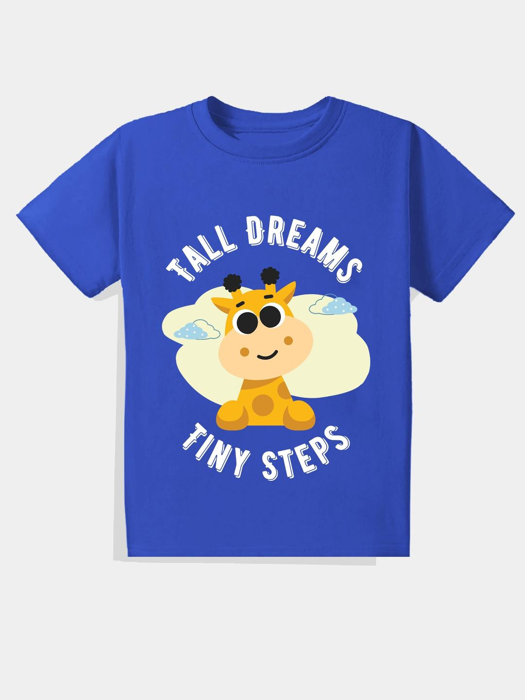 KAVEE Pure Cotton Half Sleeves Tiny Steps Text & Giraffe Printed Bio Washed Tee - Royal Blue