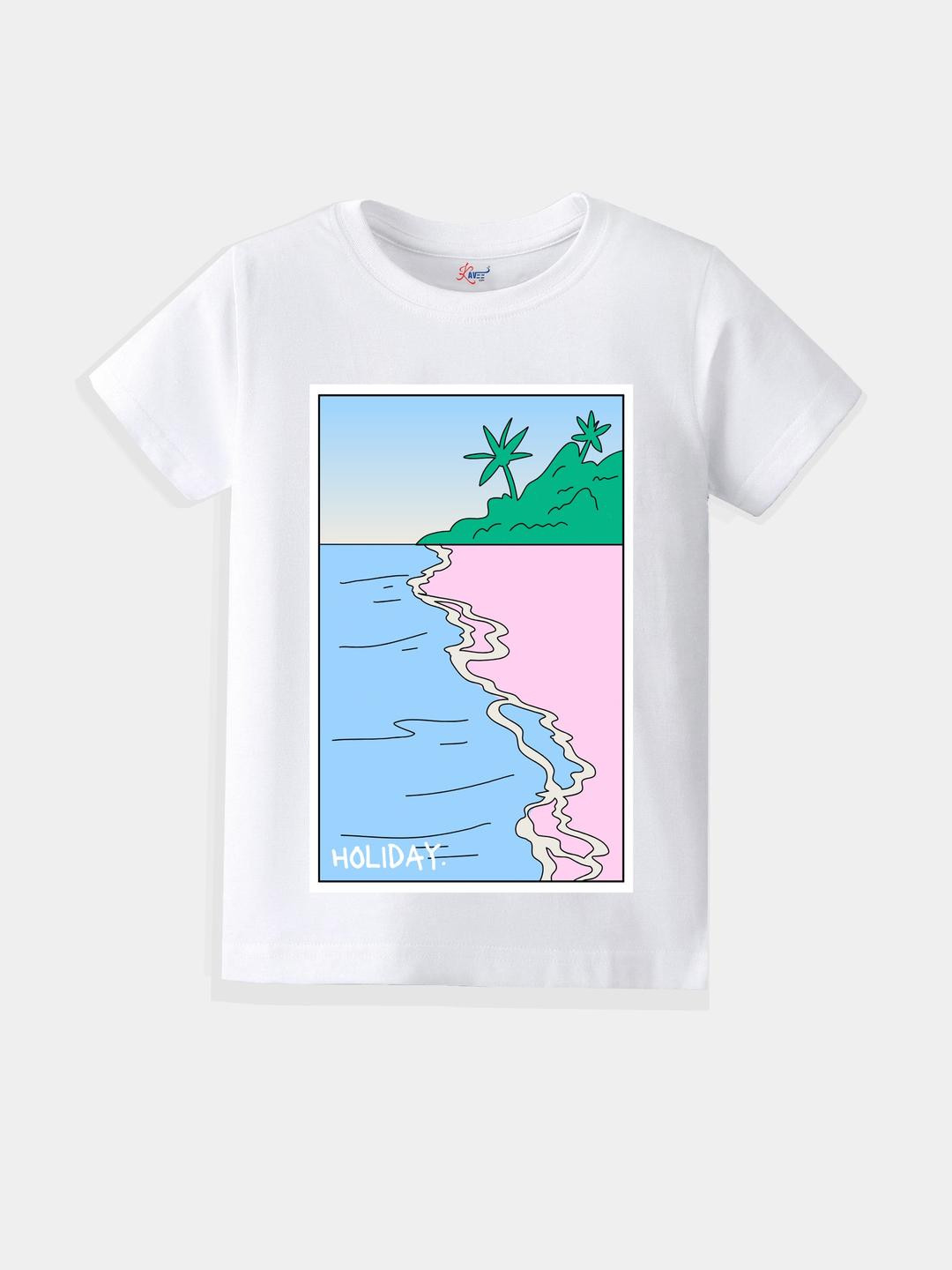 KAVEE Pure Cotton Half Sleeves Beach Theme Printed Bio Washed Tee - White