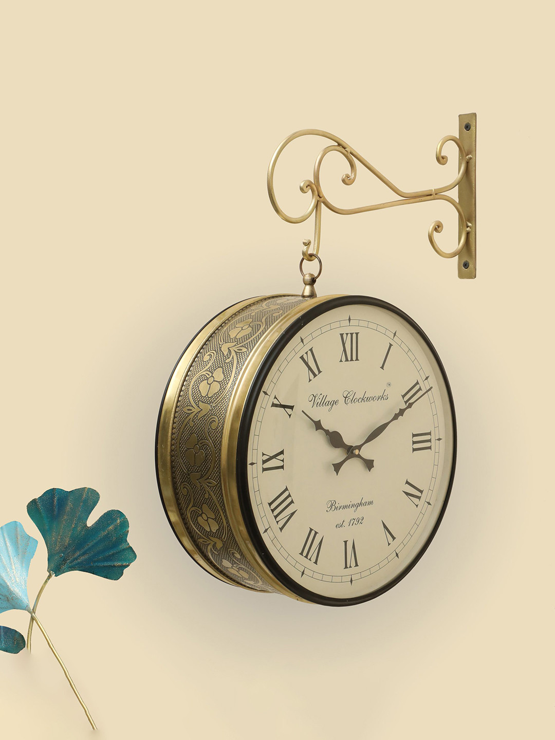 vedas Rutvi Beige & White Metal Railway Double Sided Wall Clock