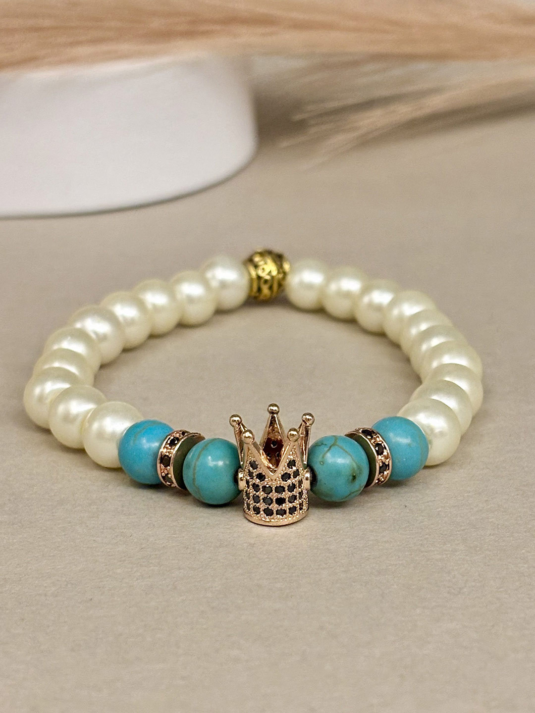 SANAA CREATIONS Unisex Crimson Crown Onyx & Ruby Stones Studded Elasticated Bracelet