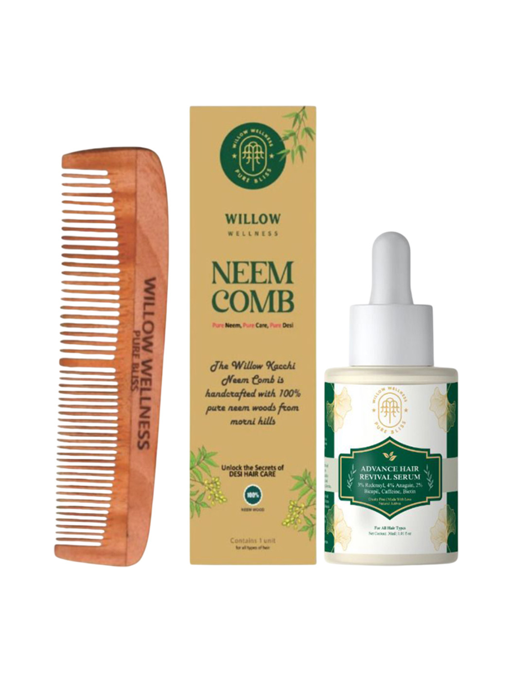Willow Wellness Set Of 2 Advance Hair Revival Serum With Neem Wooden Comb