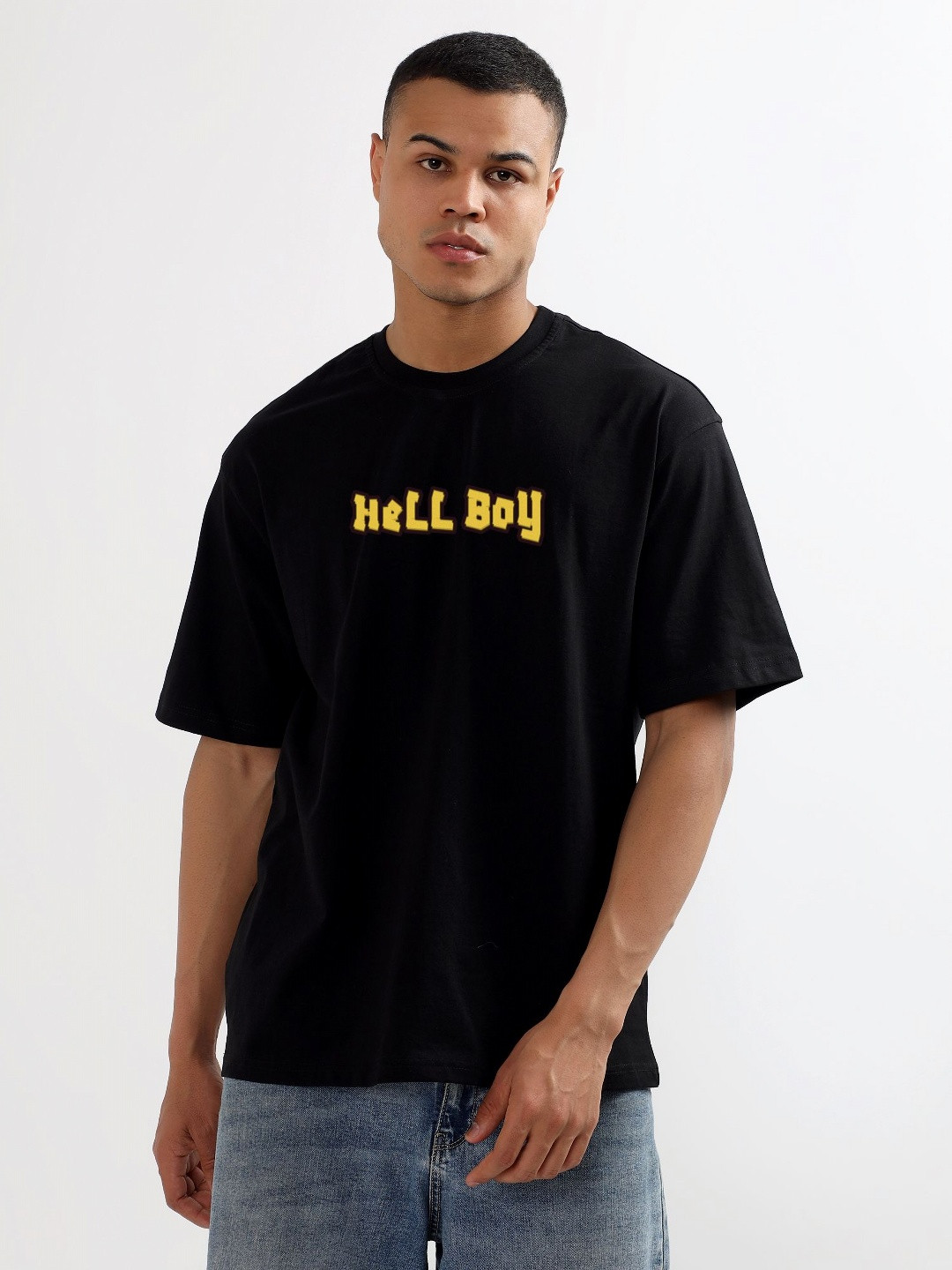 CODE OF HONOUR Hell Boy Printed Round Neck Drop-Shoulder Sleeves Cotton Oversized T-shirt