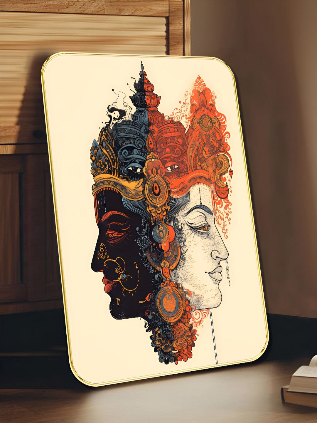 SAF Orange & Black Divine Dual Face Religious Wooden Wall Art