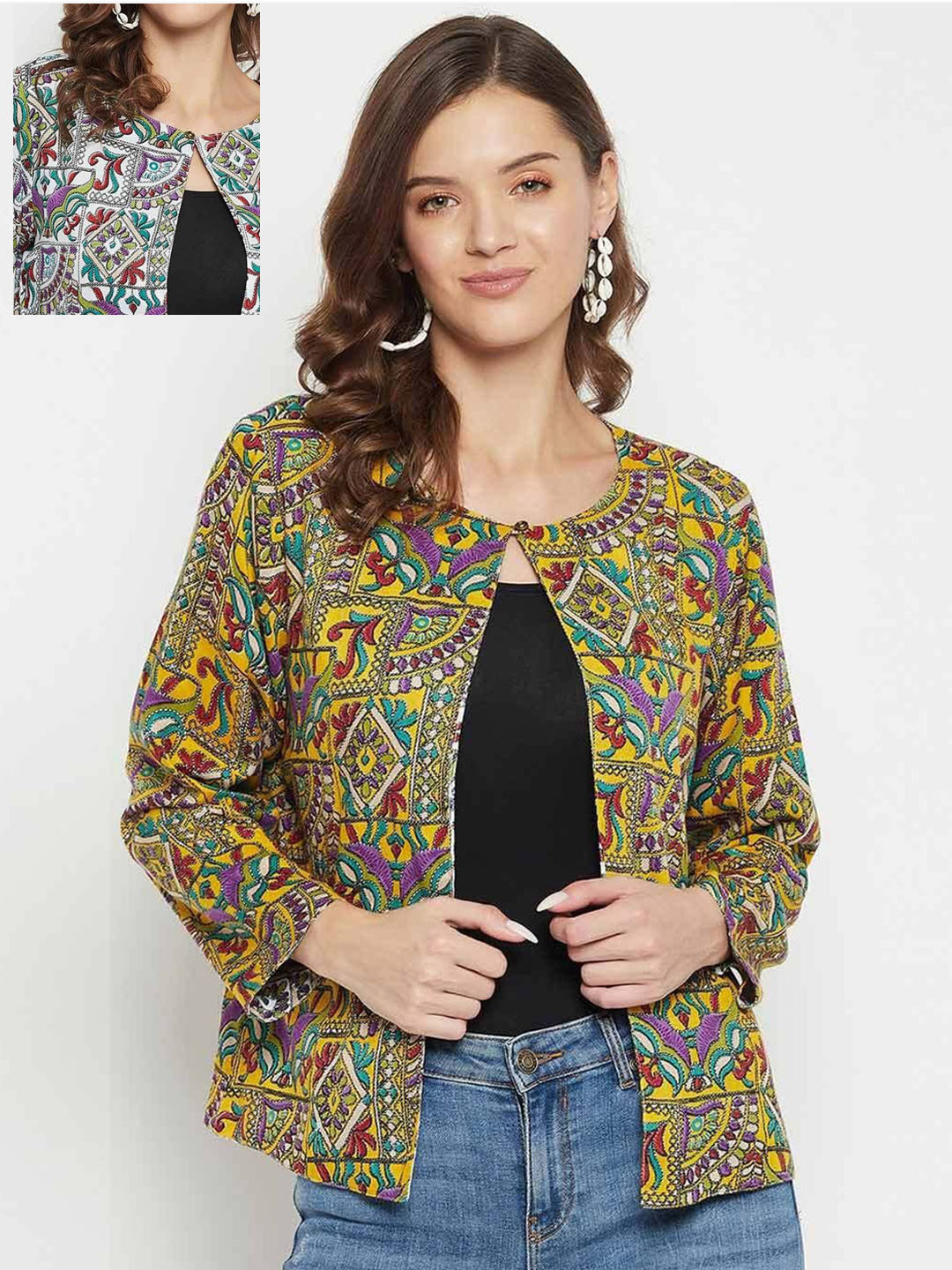 Color Cocktail Women Reversible Abstract Printed Collarless Jacket