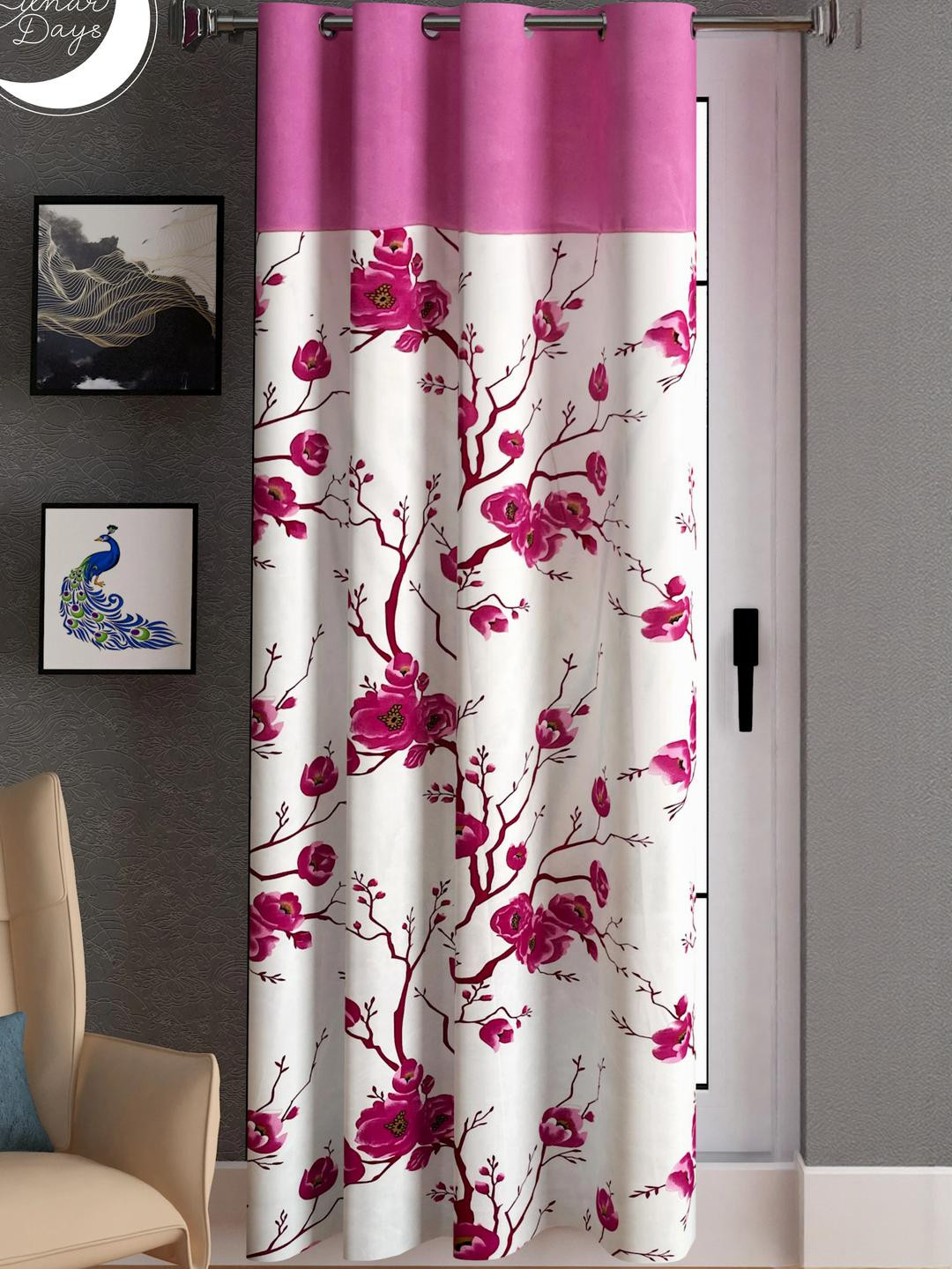 Lunar Days Pink & White Floral 7 Feet Door Curtain