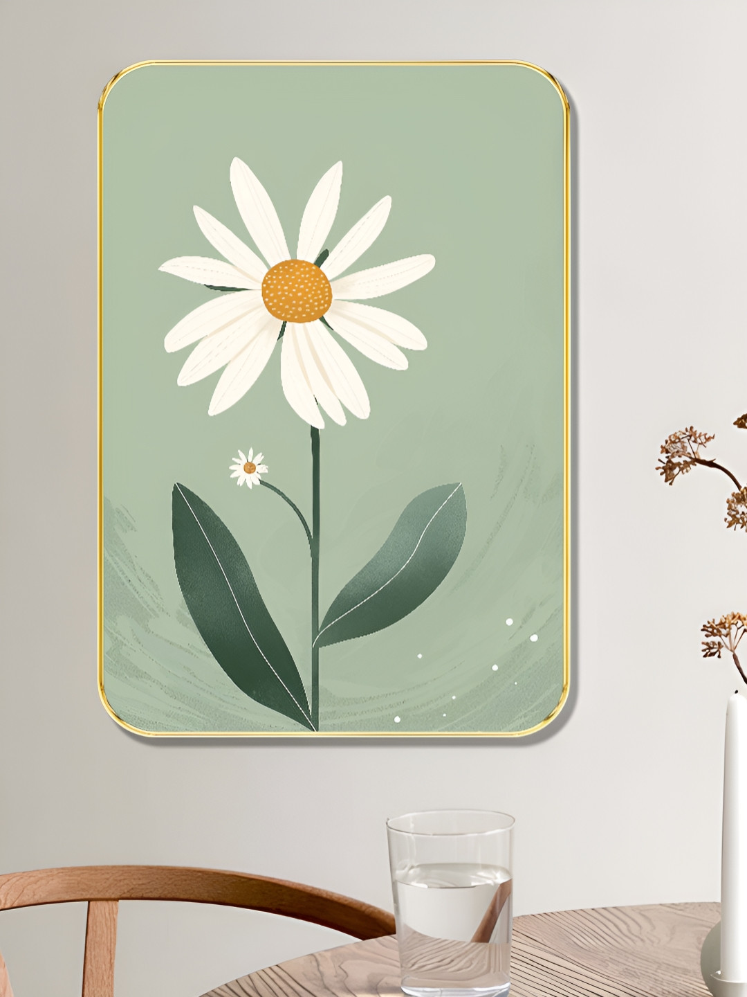 SAF Green & White Minimal Daisy Flower Wall Art