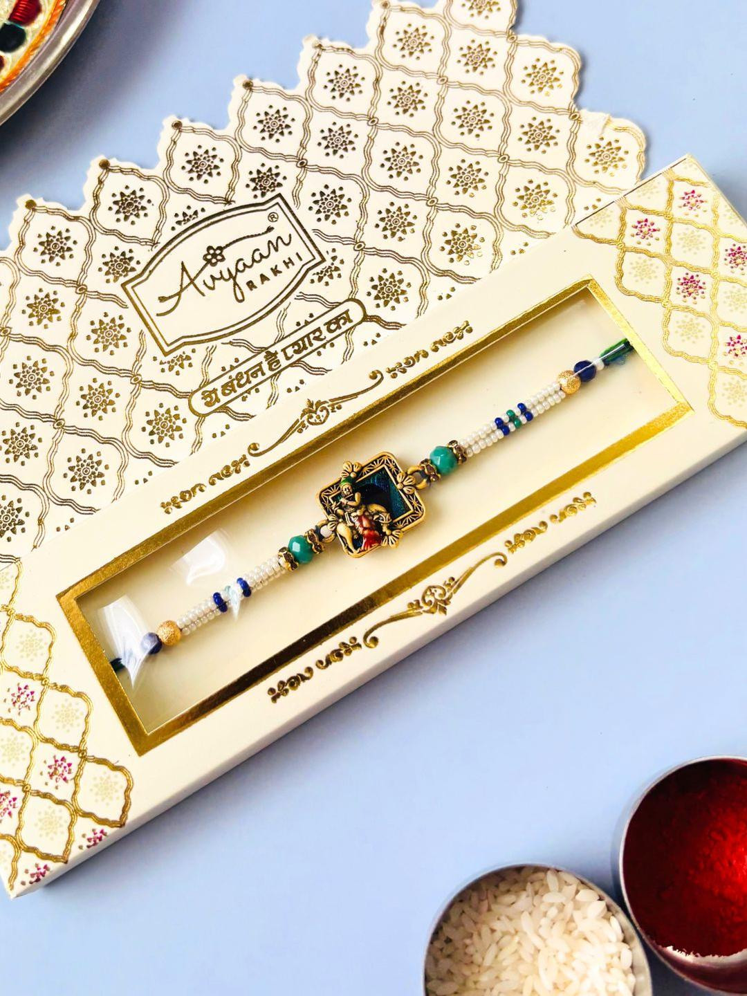 Krishna Rakhi Blue Kundan Meenakari Rakhi Traditional Handmade Rakhi for Brother