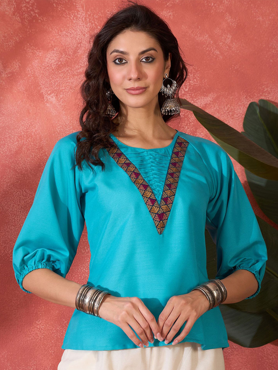 Sangria Women Puff Sleeves With Pintex Neck Top