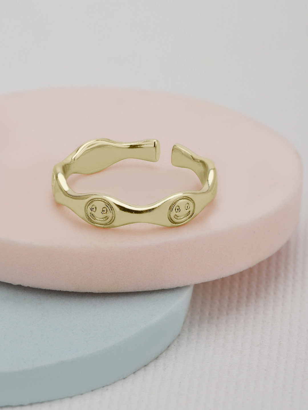Carlton London GenZ Gold Plated Adjustable Band Ring with engraved Smiley face
