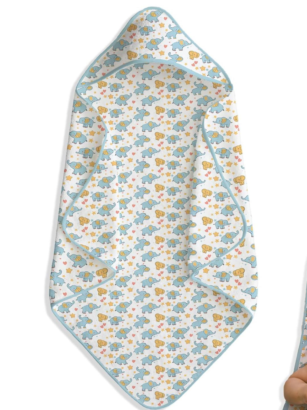 Adhigams Blue & Yellow Printed Pure Cotton Hooded Blanket