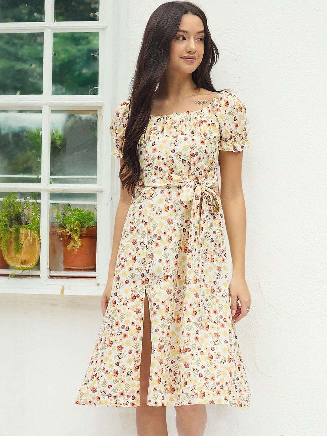 DressBerry Floral Printed Puff Sleeve Tie-Ups & Slits Detail Empire Midi Dress