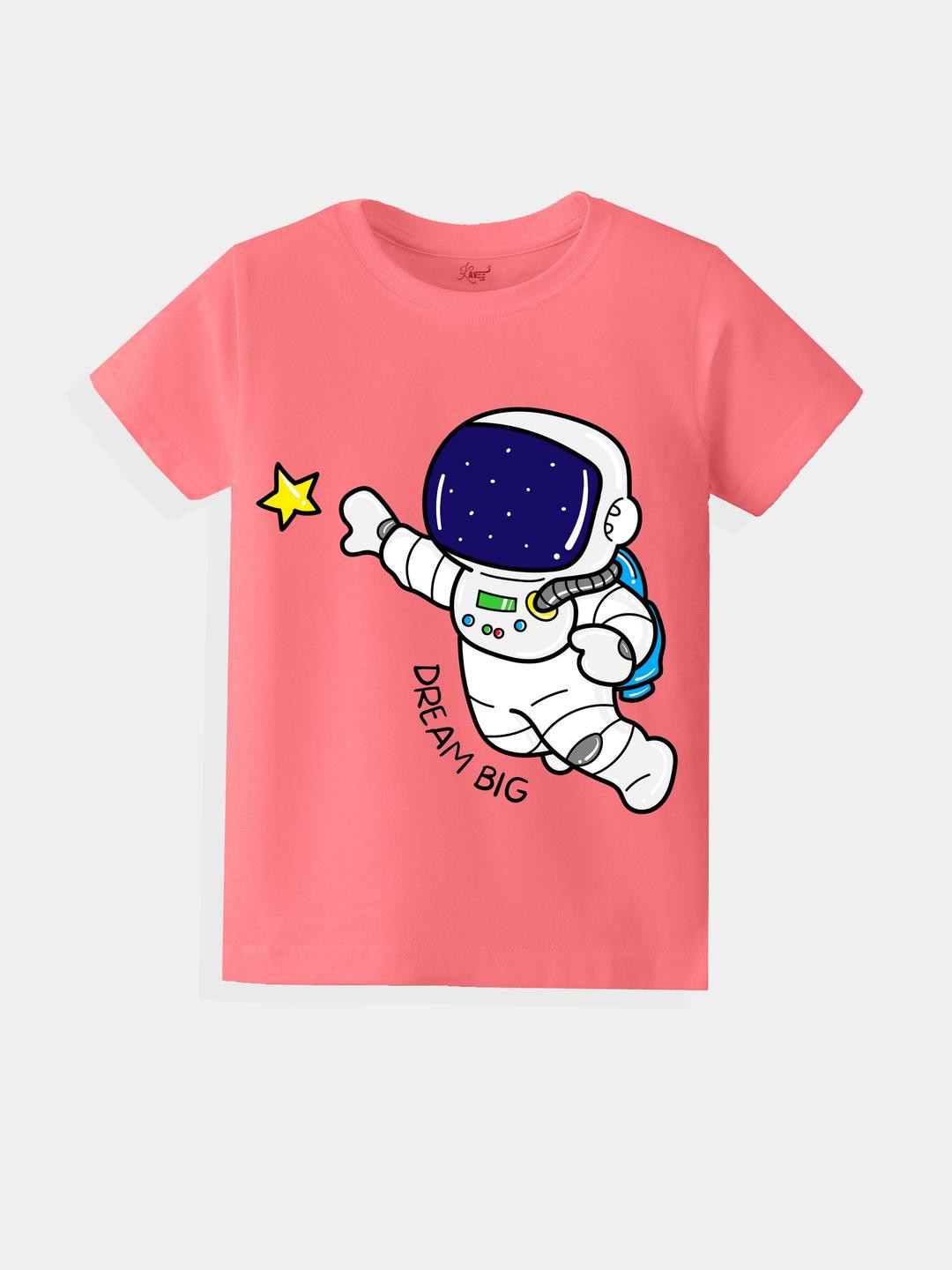 KAVEE Pure Cotton Half Sleeves Space Theme Printed Bio Washed Tee -Peach