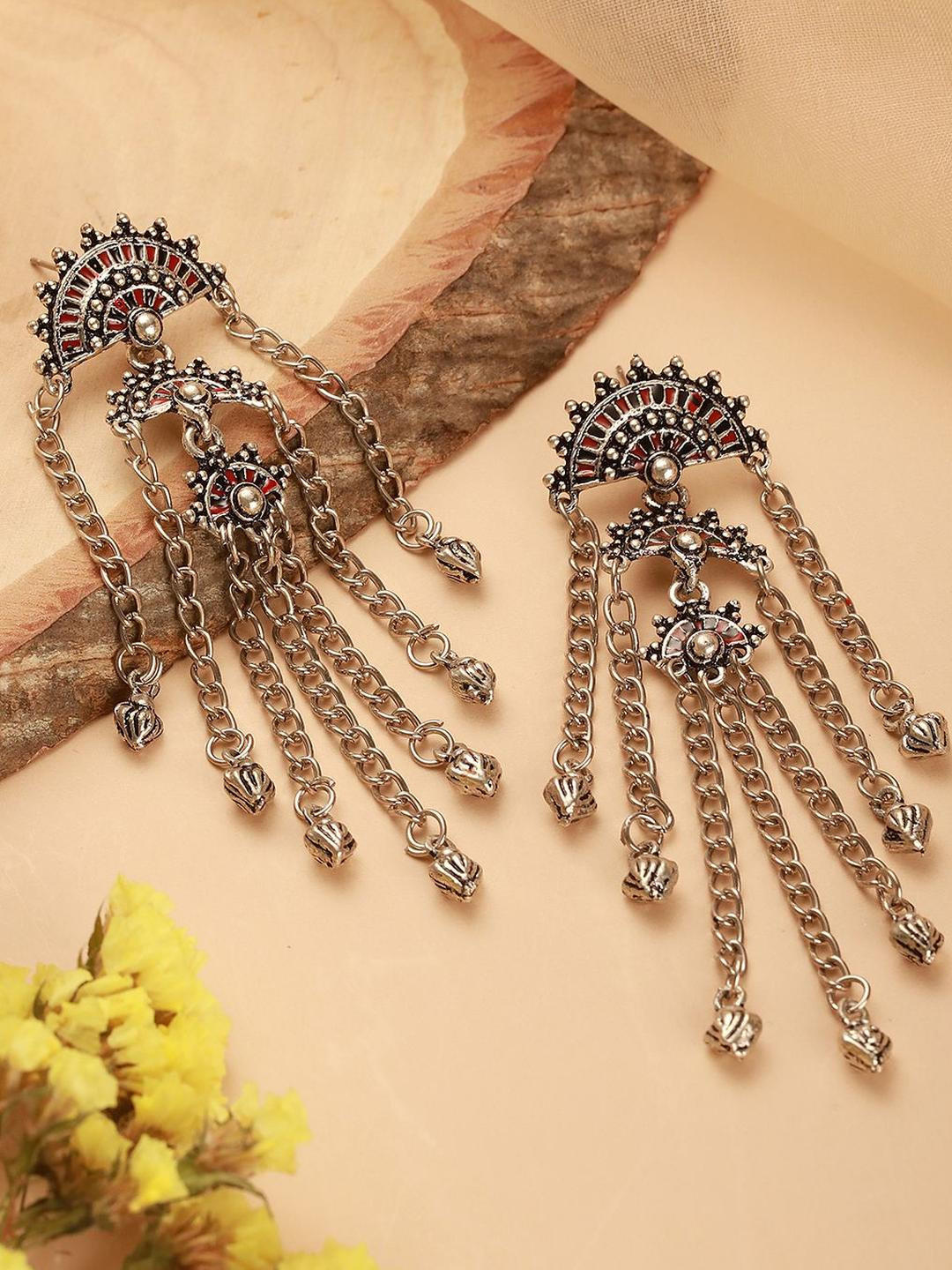 DressBerry German Silver-Plated Contemporary Tassels Drop Earrings