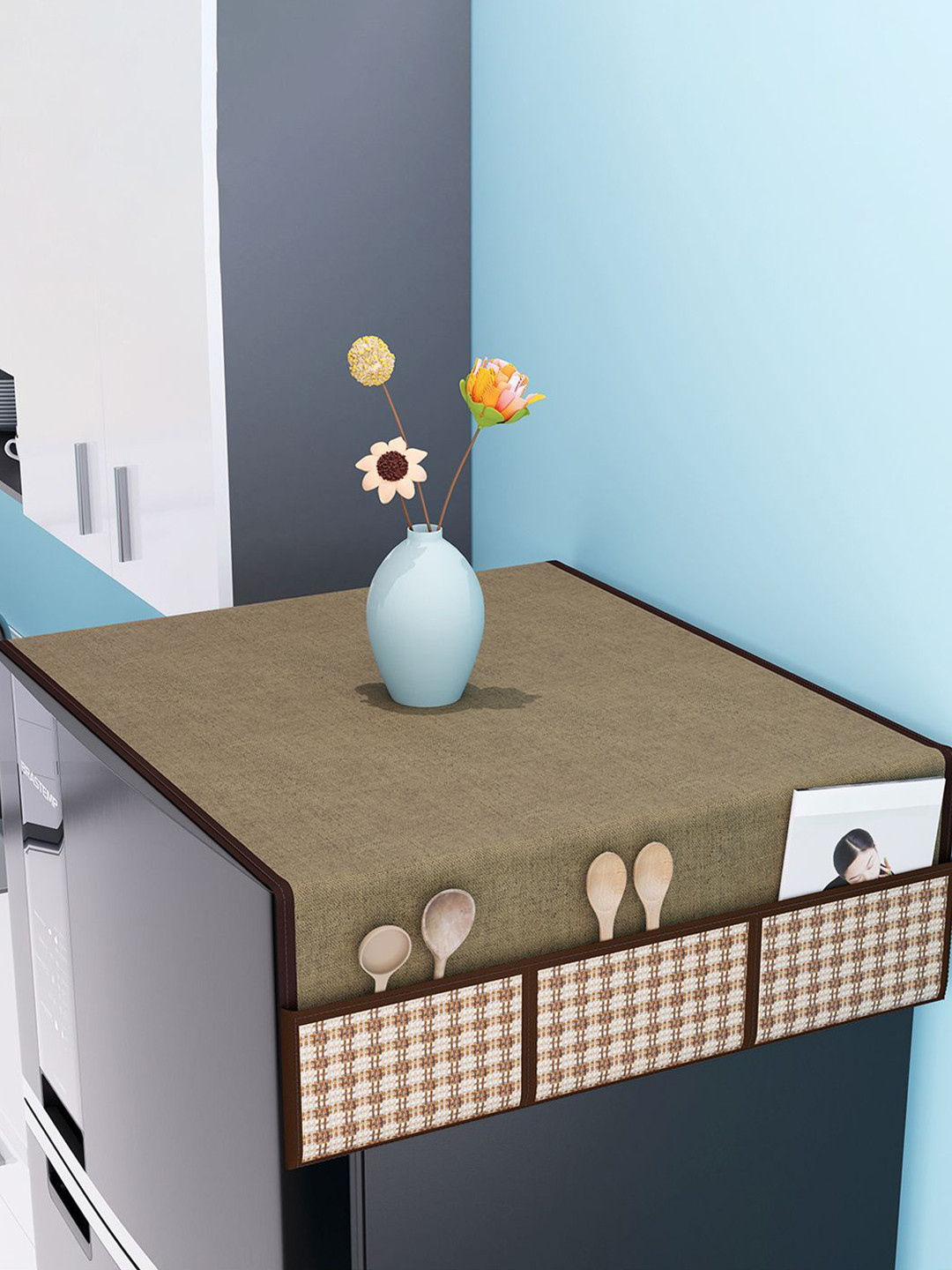 Kuber Industries Brown & White Jute Fridge Cover Top With 6 Utility Storage Side Pockets