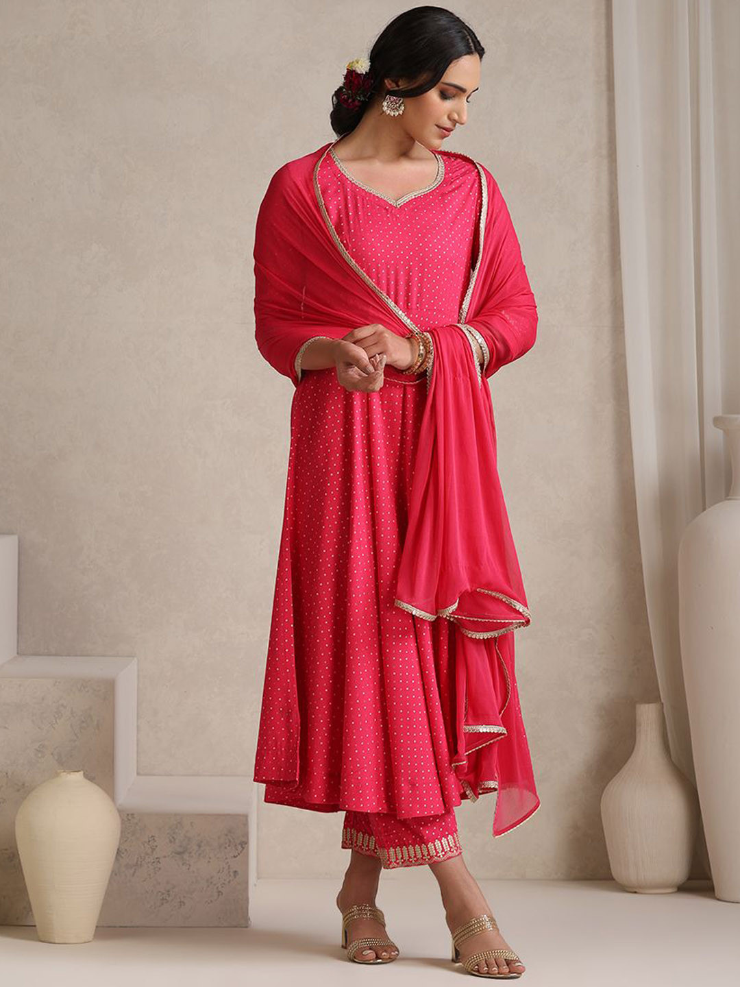 Khushal K Polka Dot Printed Anarkali Kurta With Palazzos & Dupatta