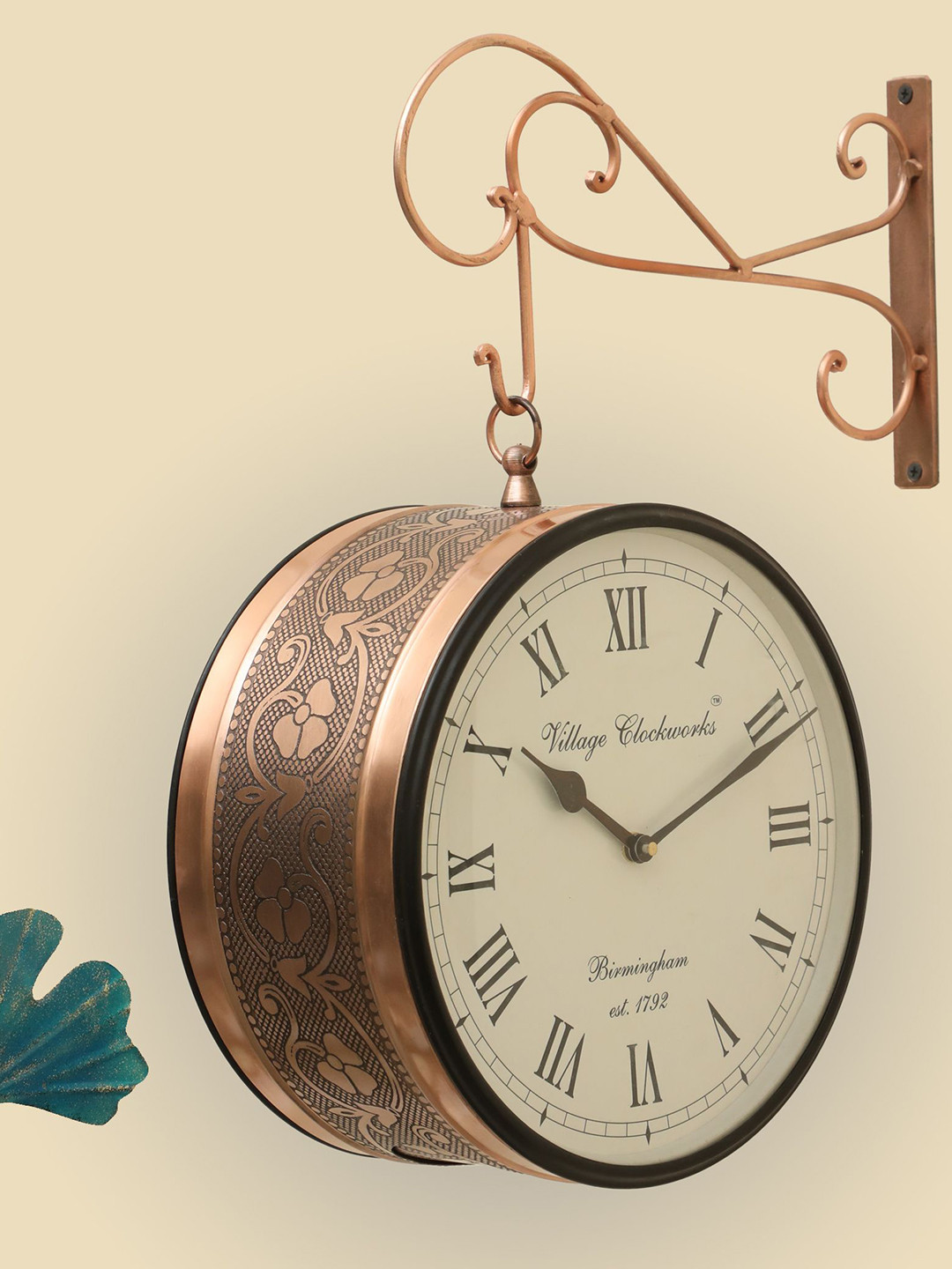 vedas Rutvi Brown & White Metal Railway Double Sided Wall Clock