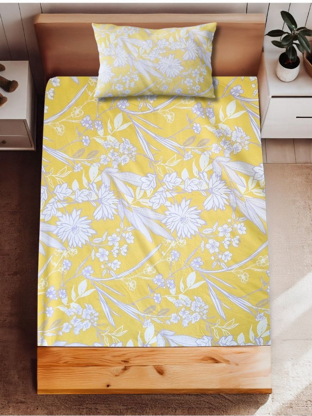 HARYANA HOOPS Yellow & White Floral Printed 220 TC Single Bedsheet Set 2m x 1.23m