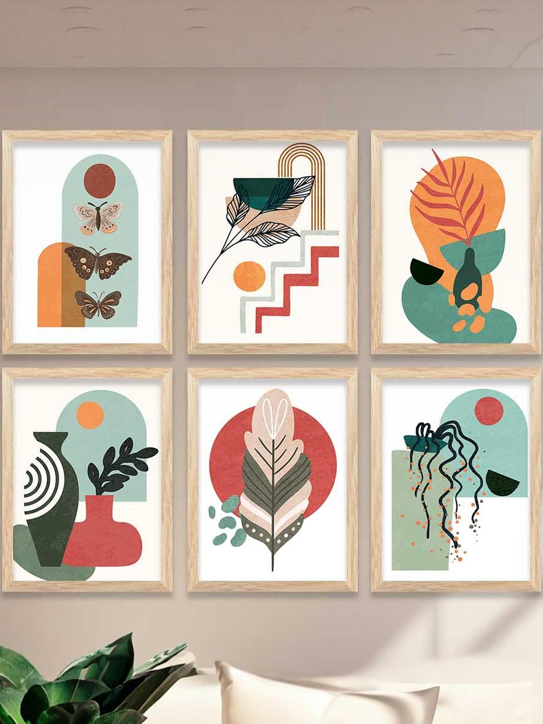 WALLLANE Multicoloured Wood Abstract Wall Paintings Set of 6