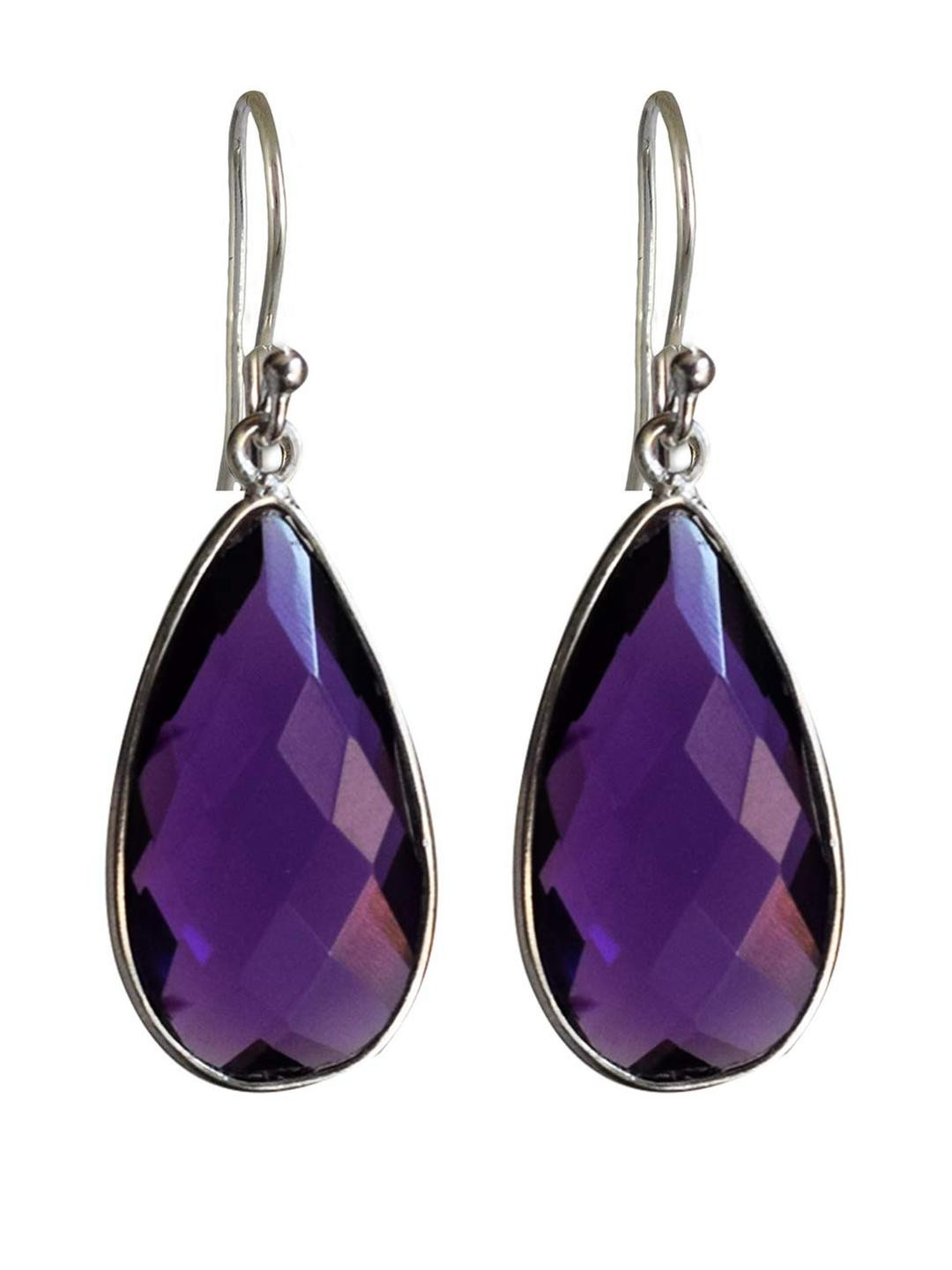 Silver Planets 92.5-925 Sterling Silver Amethyst Stone Long Latest Drop Hanging Earring for Women and Girls