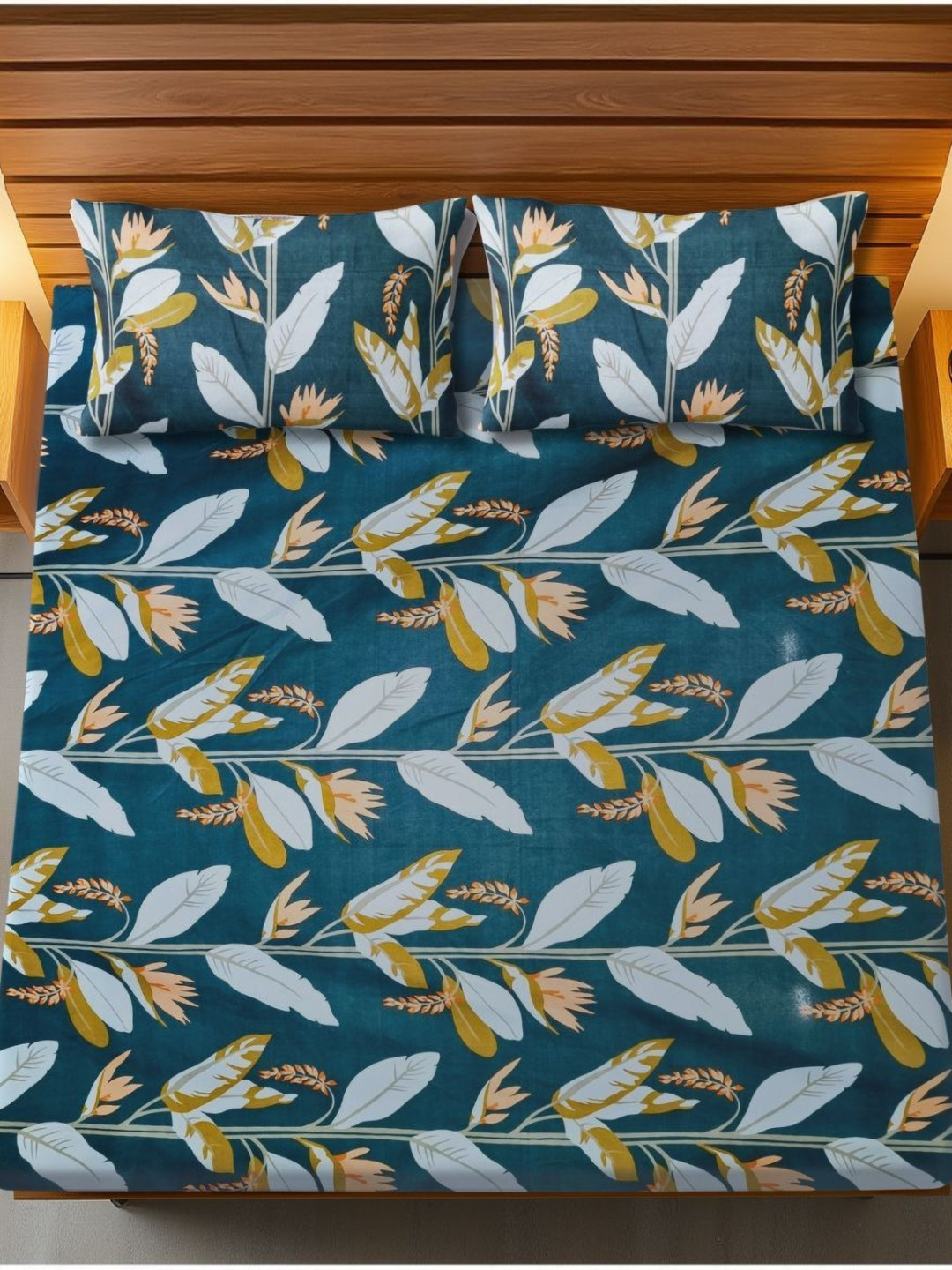 HARYANA HOOPS Teal & White Floral Printed 220 TC Queen Bedsheet Set 2.50m x 2.25m