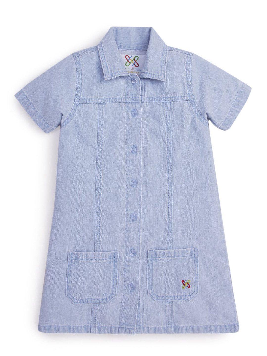 Knit N Knot Girls Denim Shirt Collar A-Line Dress