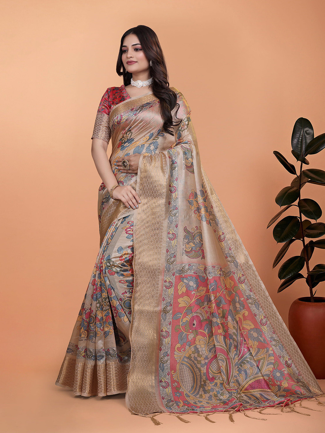 DIVASTRI Ethnic Motif Pinted Zari Banarasi Saree