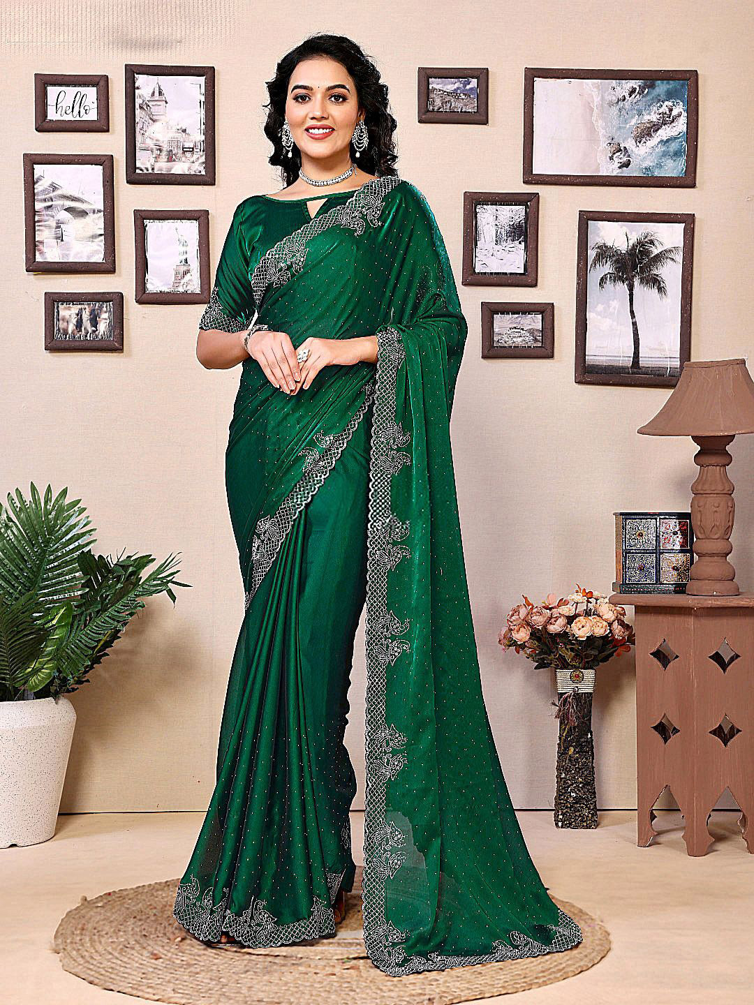 MADHUR HAND WORK ART Embellished Beads and Stones Border Tissue Saree
