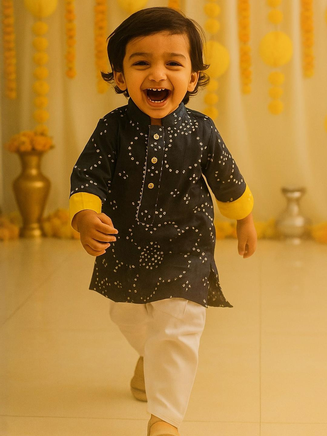 Boys Pure Cotton Navy Blue Bandhani Short Kurta Set