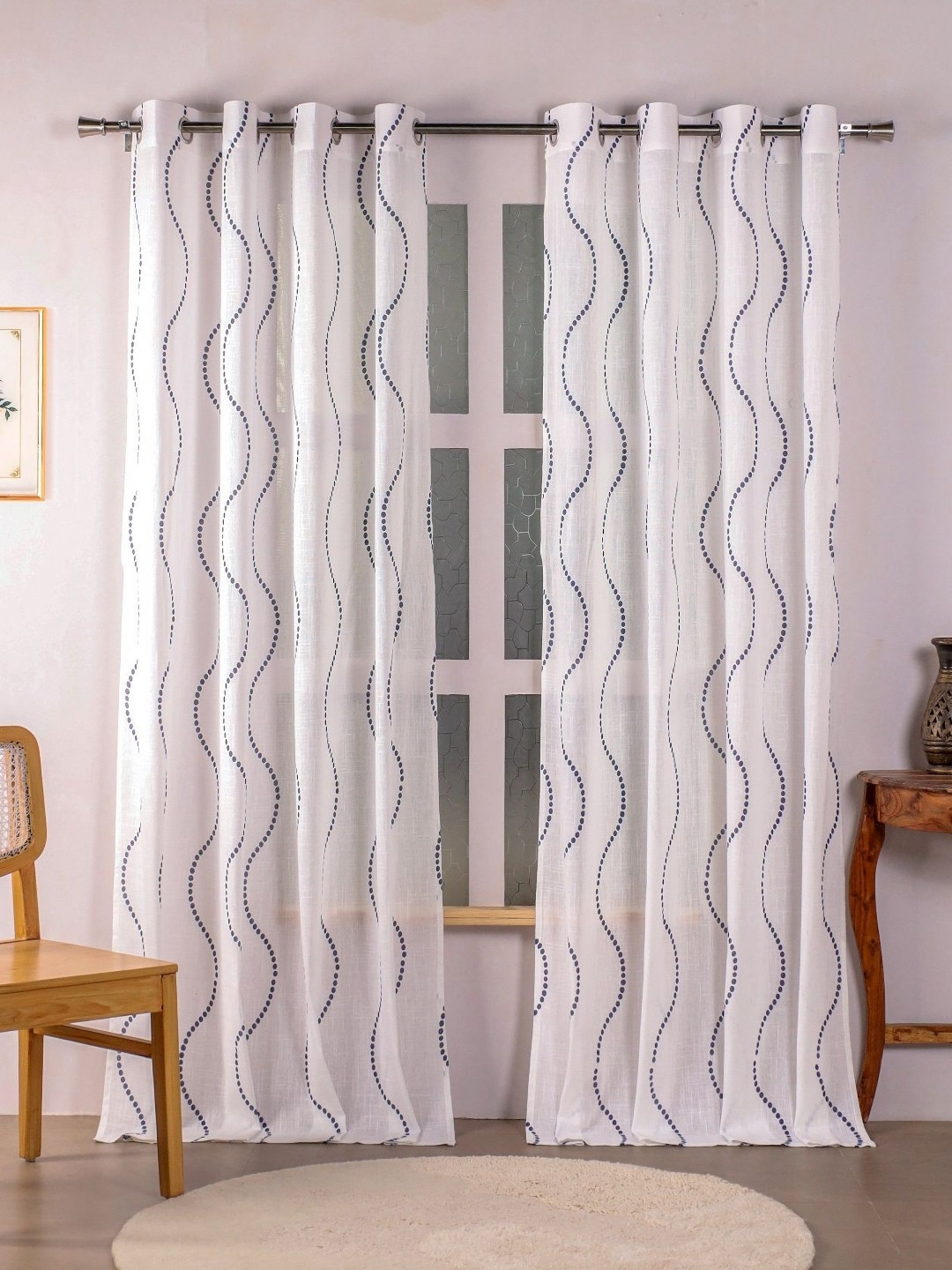 HOMEMONDE Blue & White 2 Pieces Printed Cotton Sheer Long Door Curtains