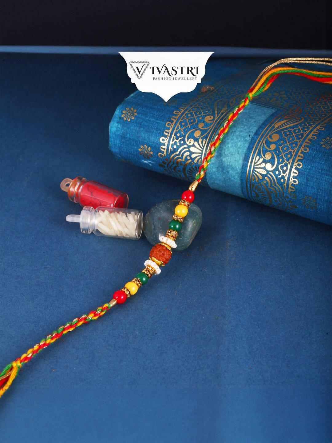 Vivastri Rudraksha Gold and Rhodium Plated Alloy Rakhi for Lovely Brother [VIVA1202RKG]