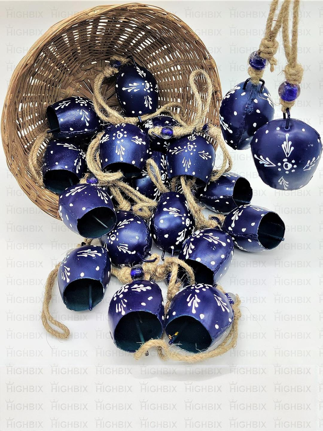 Hanging Bells Set of 10 with Jute Bag Hand Painted Violet, 7cm
