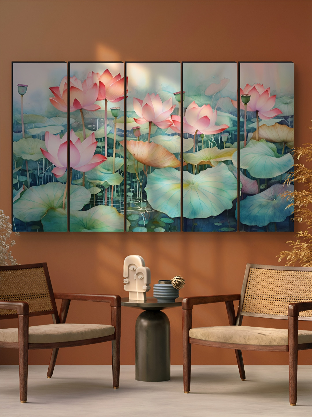 Myntra Elegant Homes Green & Pink 5 Pieces Lotus Floral Wooden Wall Arts