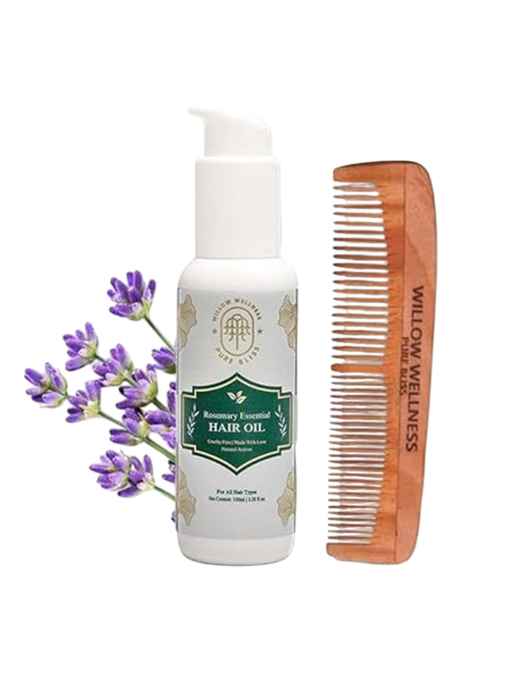 Willow Wellness Set Of 2 Rosemary Hair Oil 100 ml With Neem Wooden Comb