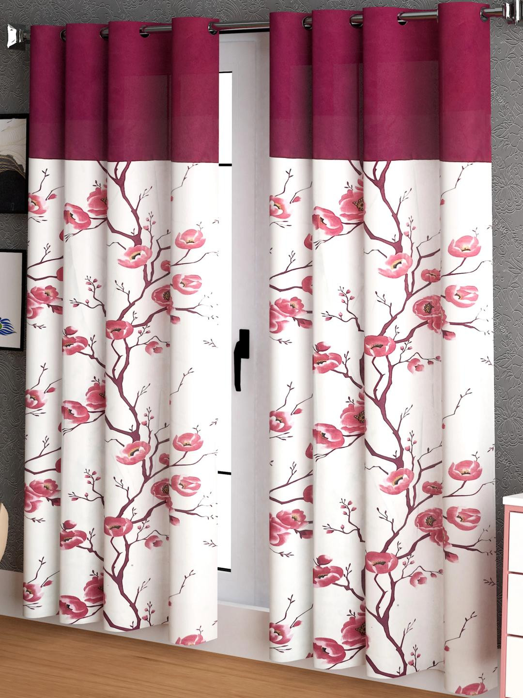 Lunar Days Maroon & White Floral Room Darkening Window Curtain
