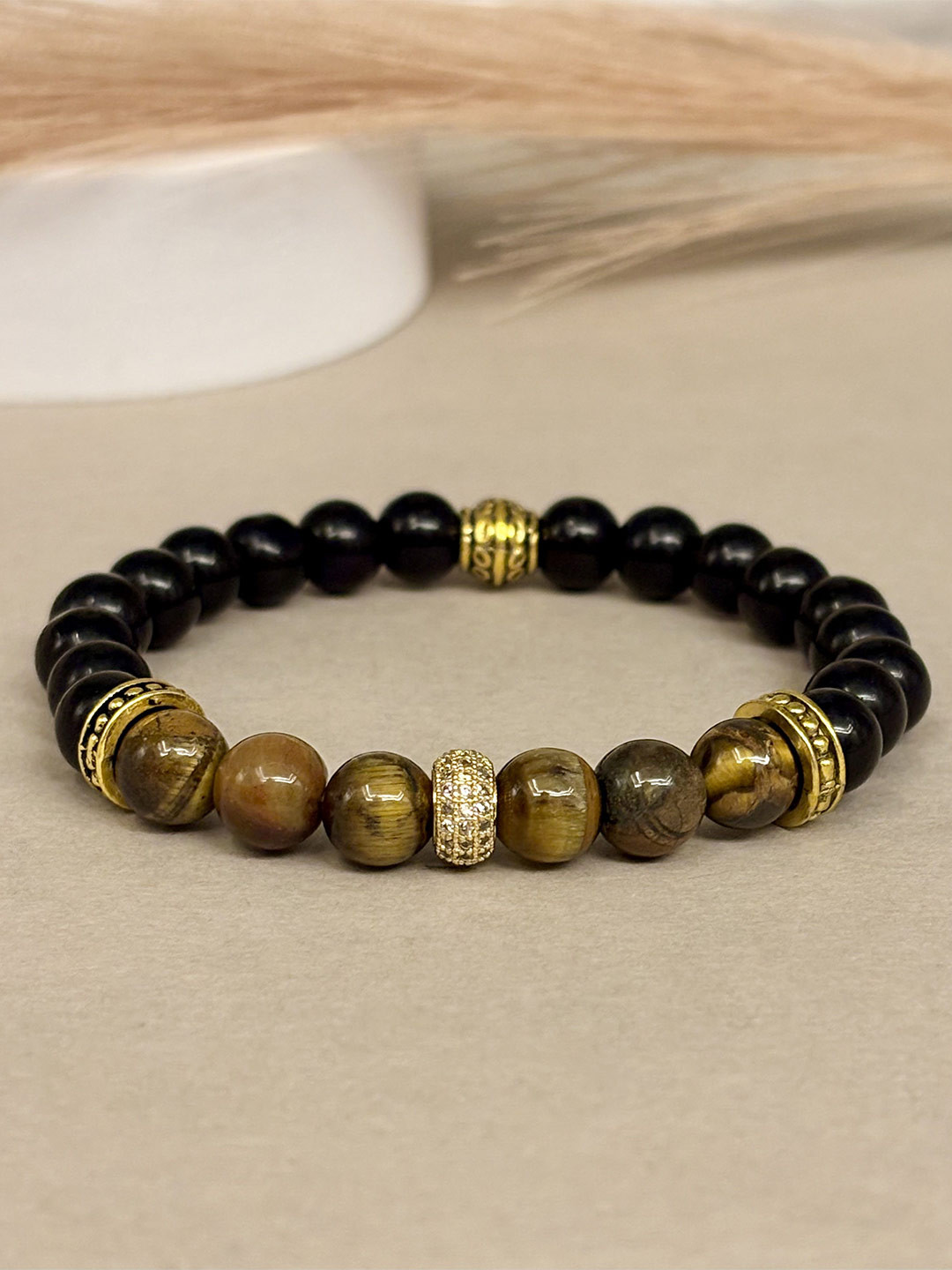 SANAA CREATIONS Unisex Crimson Stone Onyx & Wood Pearls Beaded Elasticated Bracelet