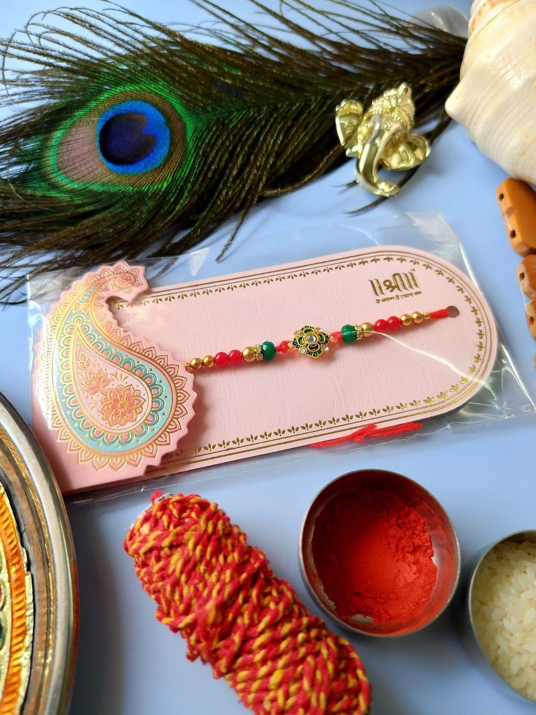 Green Stone Studded & Beaded Thread Rakhi Traditional Handmade Rakhi for Brother