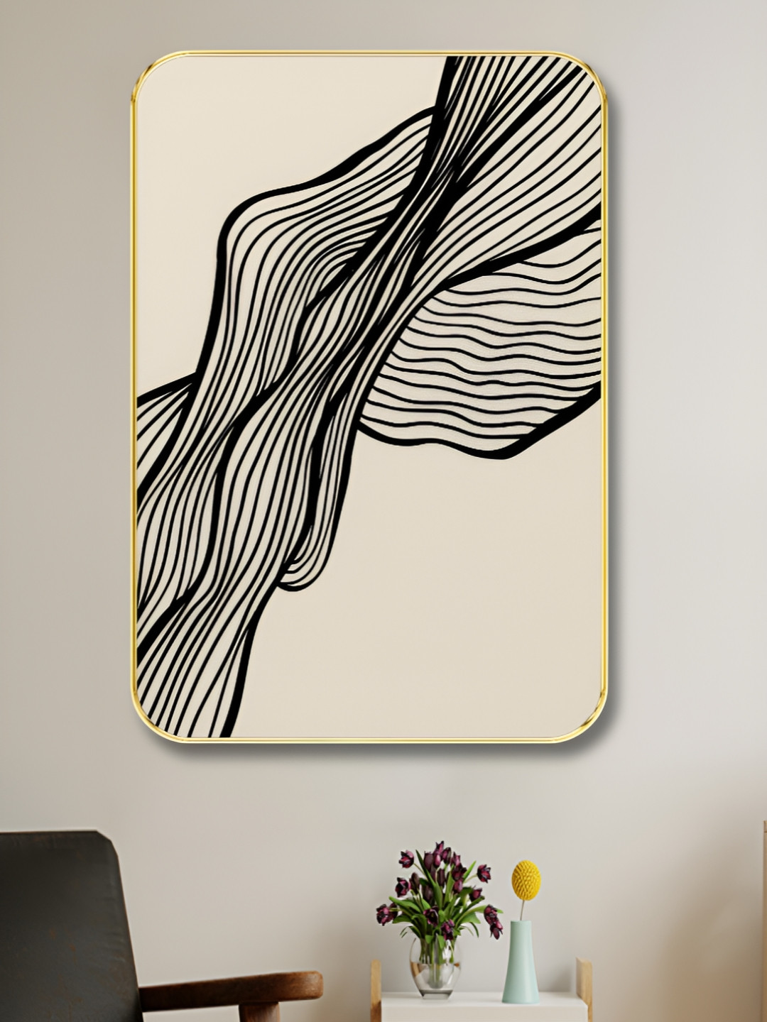 Livin'luxe Beige & Black Abstract Line Flow Wall Art