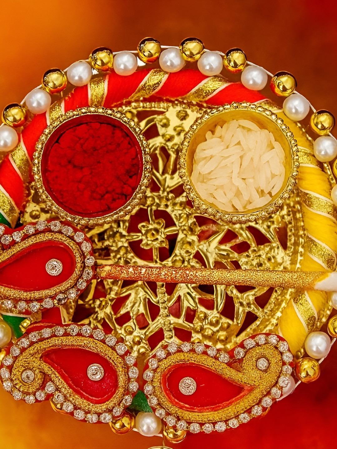 PUFFSMART Yellow & Red Textured Haldi Kumkum Stand With Roli Stick